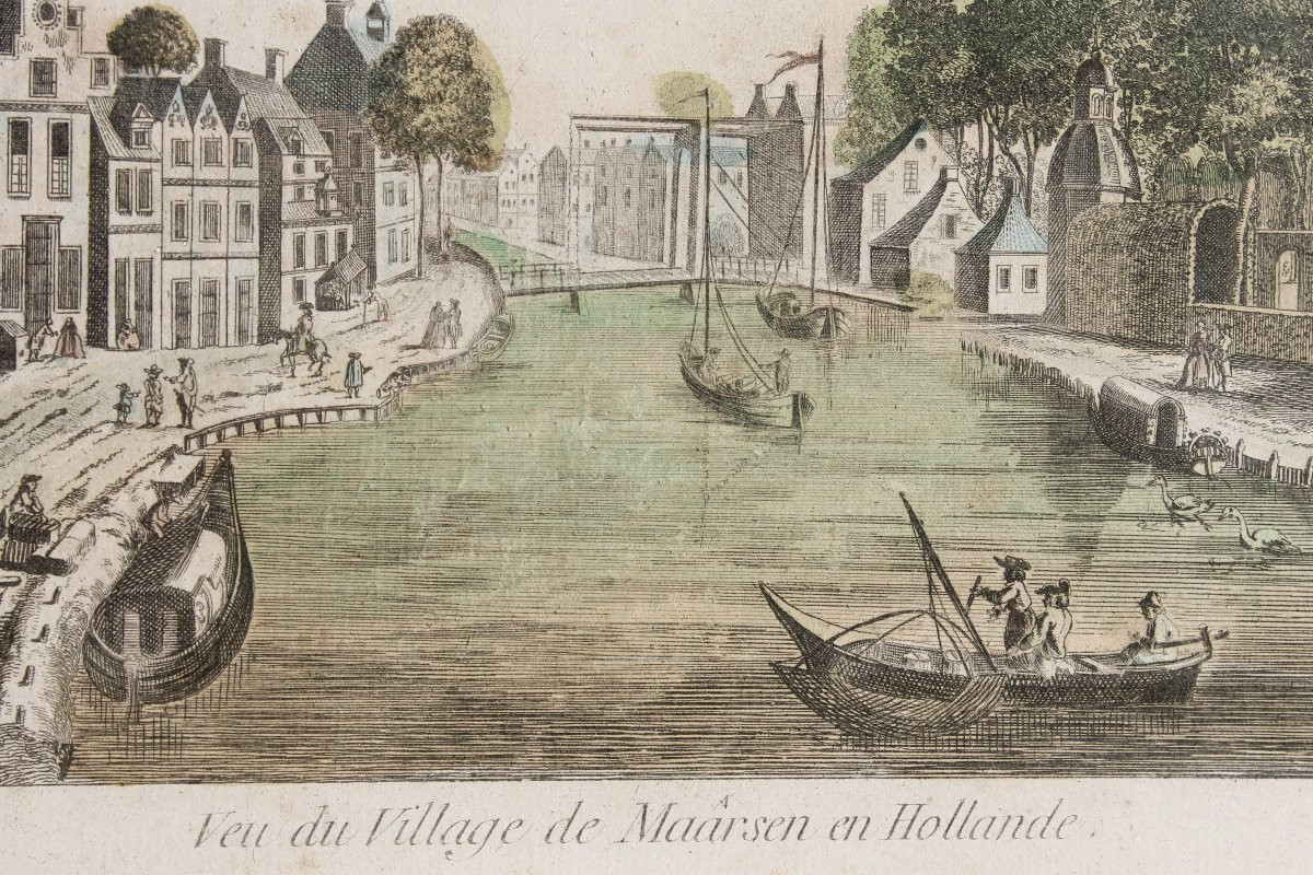 Vue de Maârsen en Hollande Vue d'optique encadrée et aquarellée époque 18ème -photo-2