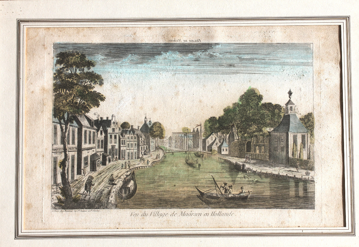Vue de Maârsen en Hollande Vue d'optique encadrée et aquarellée époque 18ème 