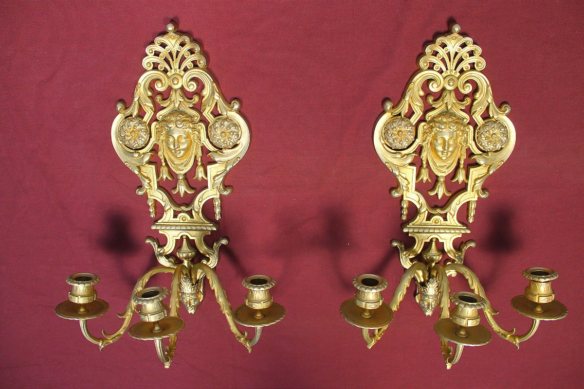 Pair Of Louis XIV Style Bronze Wall Sconces With 3 Lights, 19th Century-photo-2