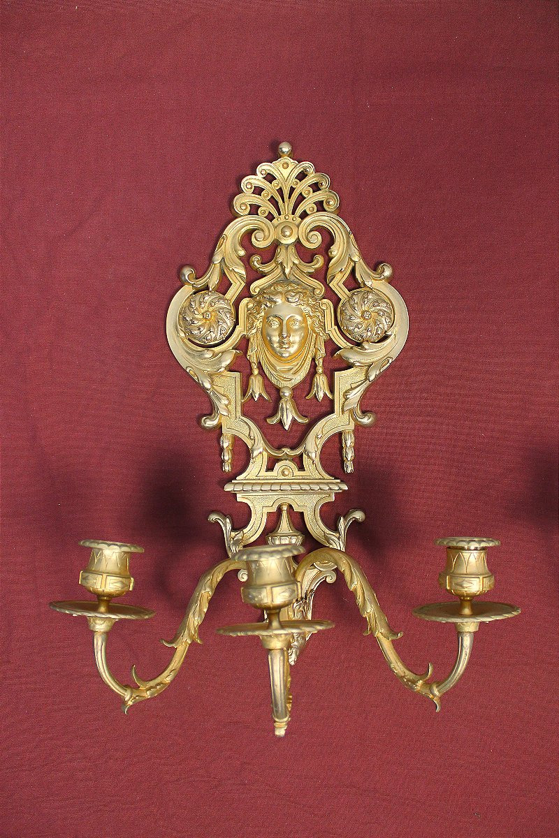 Pair Of Louis XIV Style Bronze Wall Sconces With 3 Lights, 19th Century-photo-3