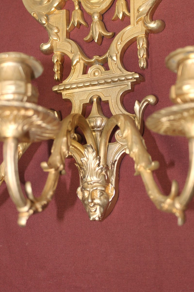 Pair Of Louis XIV Style Bronze Wall Sconces With 3 Lights, 19th Century-photo-1