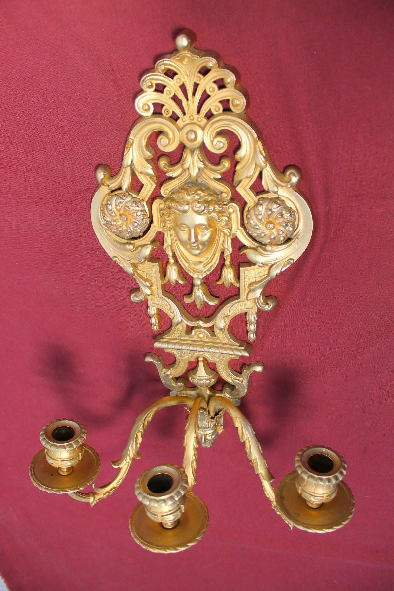 Pair Of Louis XIV Style Bronze Wall Sconces With 3 Lights, 19th Century-photo-2