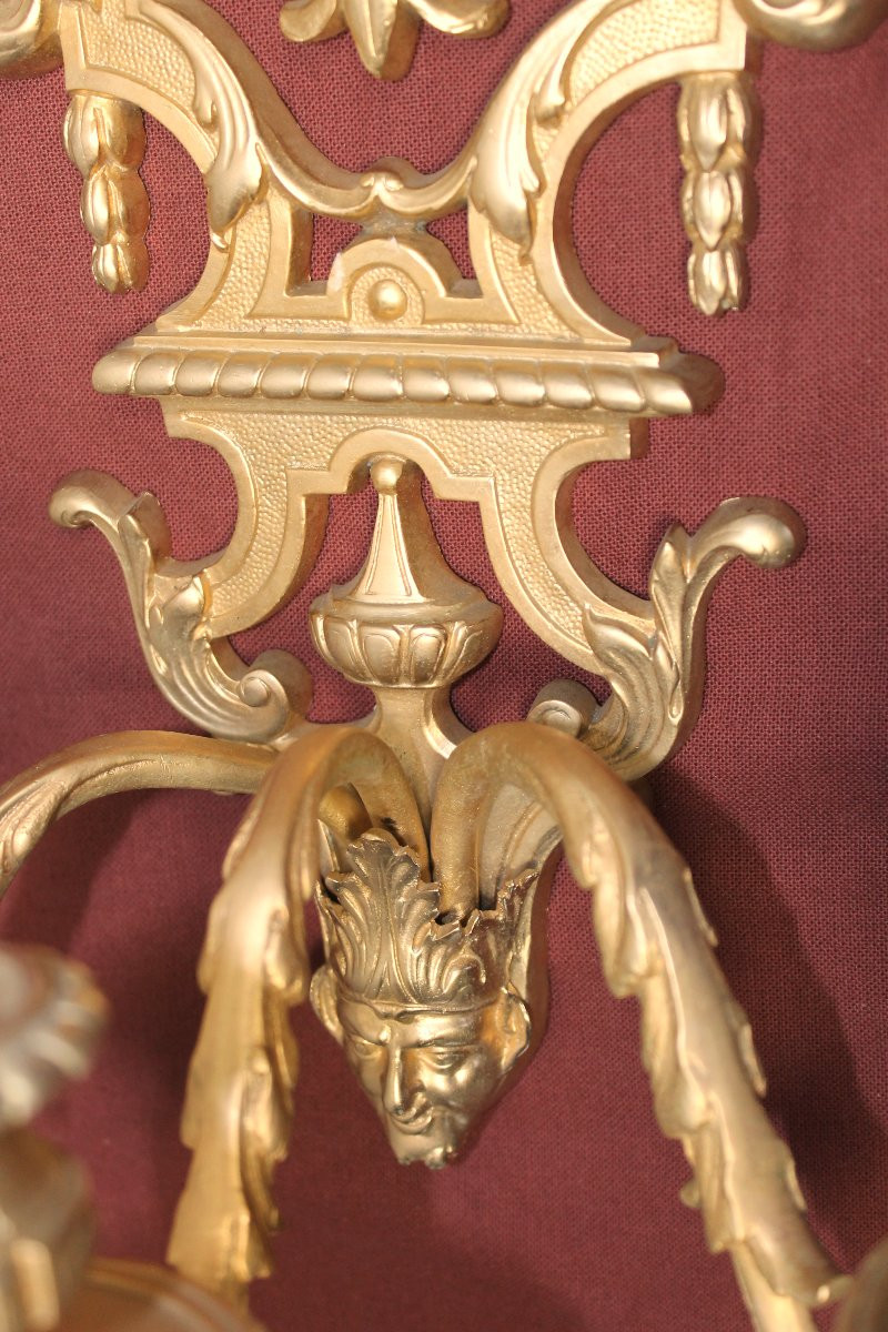 Pair Of Louis XIV Style Bronze Wall Sconces With 3 Lights, 19th Century-photo-4