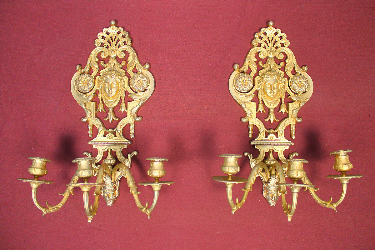 Pair Of Louis XIV Style Bronze Wall Sconces With 3 Lights, 19th Century