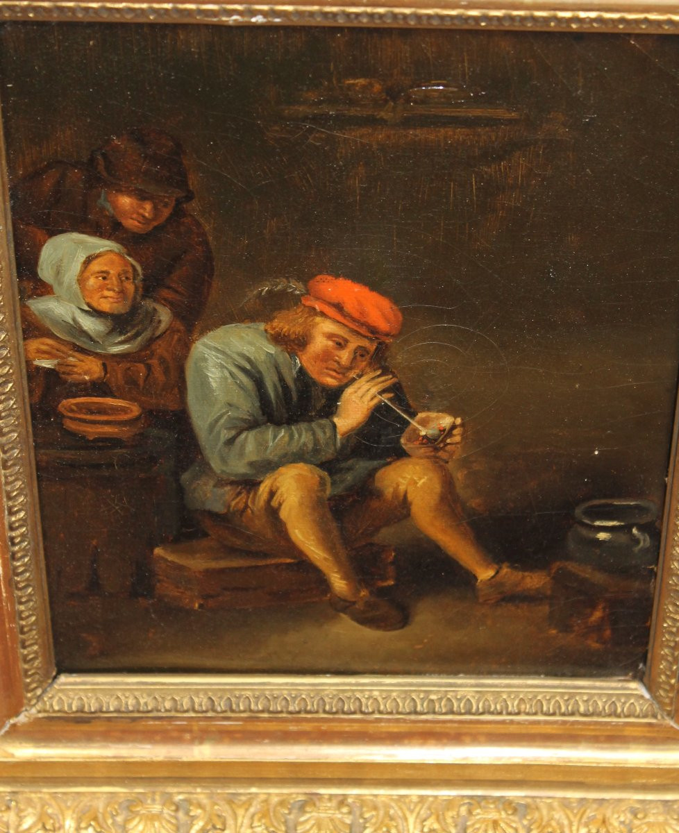 Scène d'intérieur Le fumeur de pipe Ecole Hollandaise époque 19ème Huile sur toile encadrée-photo-2