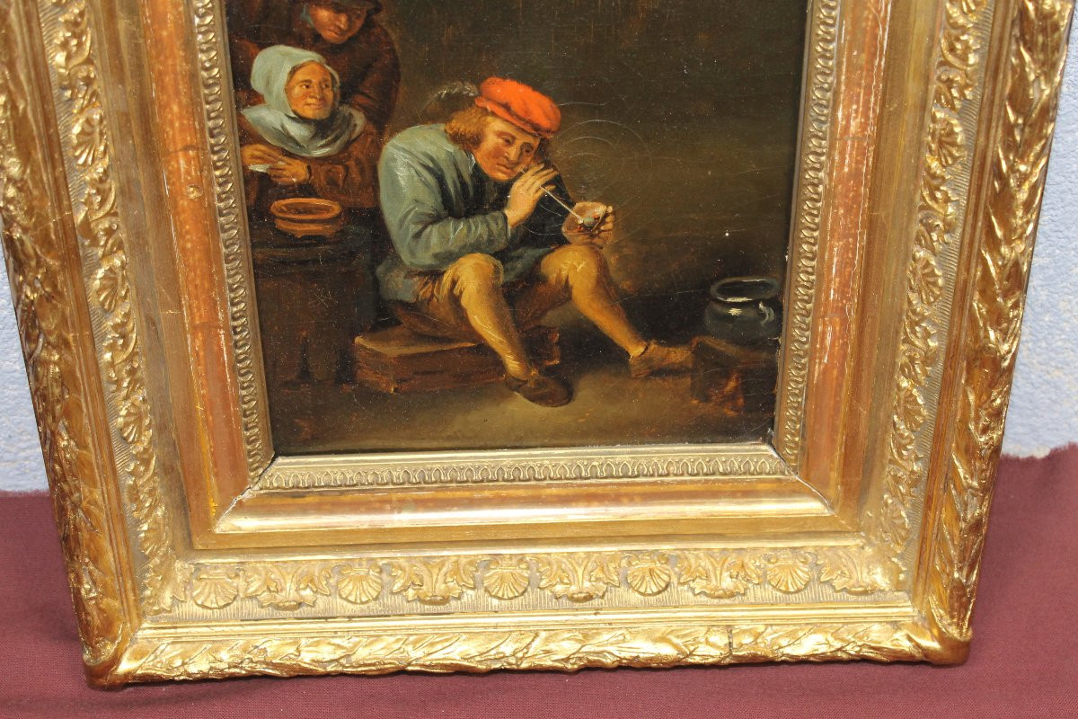 Scène d'intérieur Le fumeur de pipe Ecole Hollandaise époque 19ème Huile sur toile encadrée-photo-3