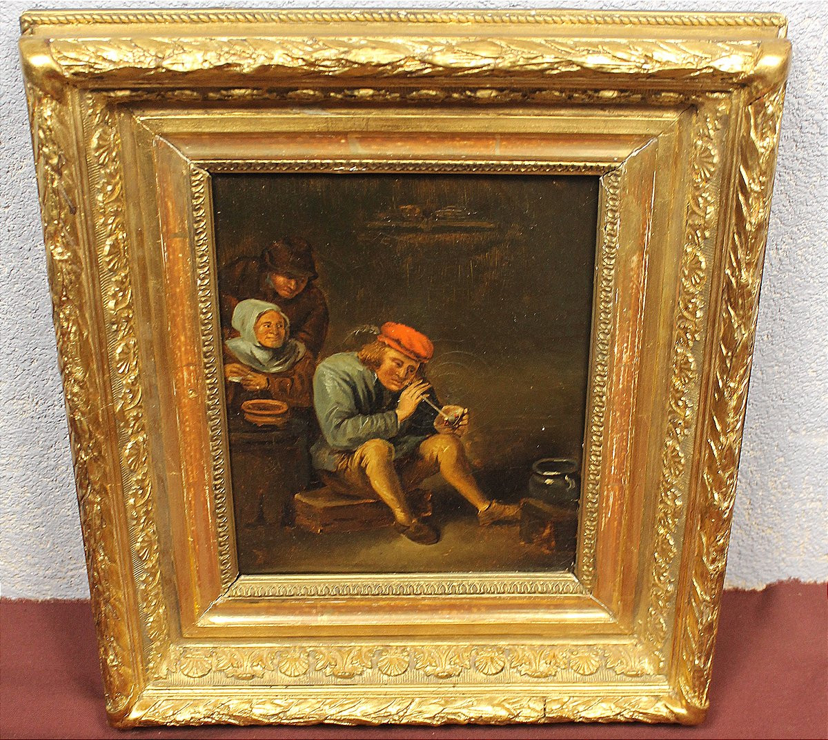 Scène d'intérieur Le fumeur de pipe Ecole Hollandaise époque 19ème Huile sur toile encadrée-photo-4