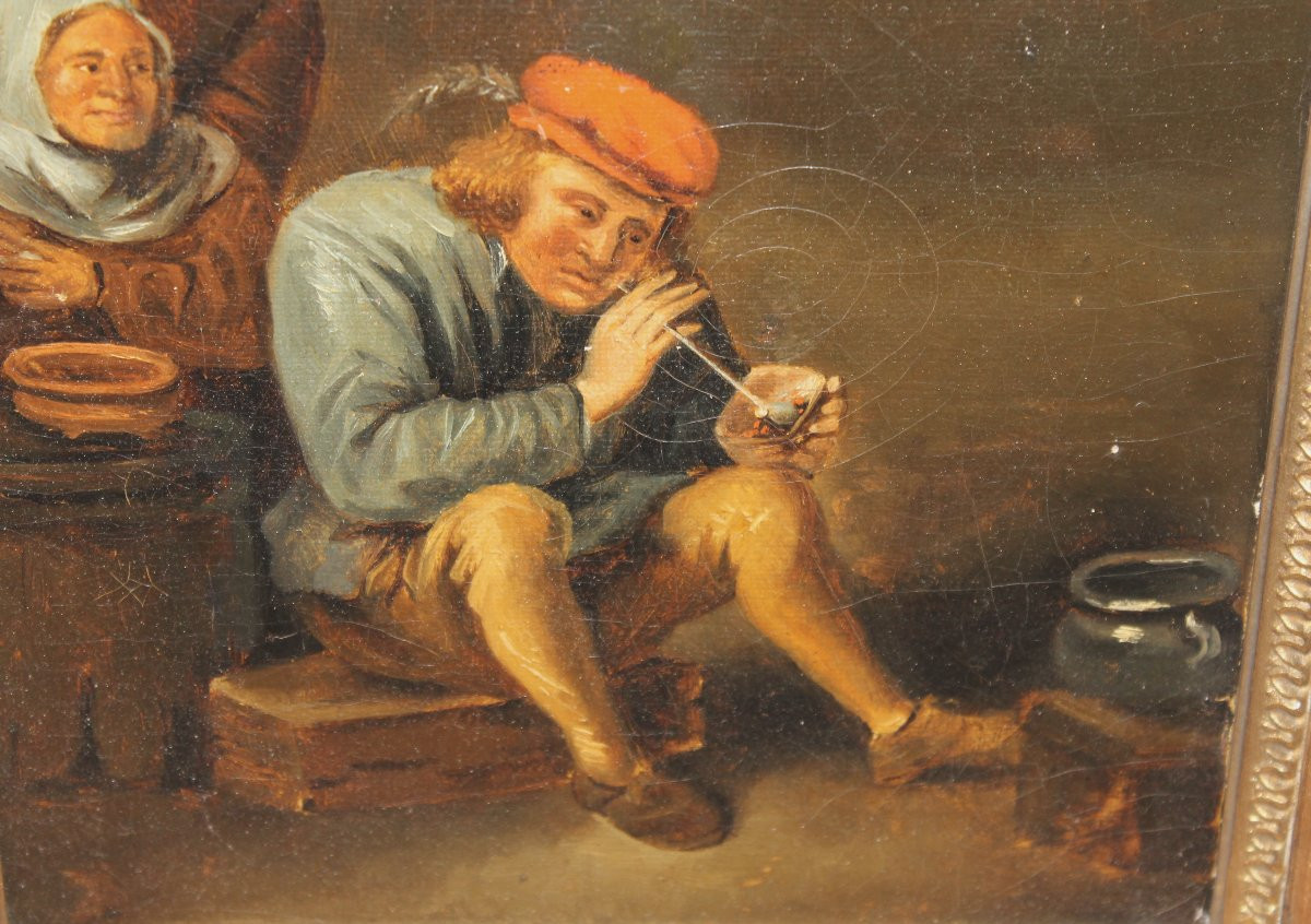 Scène d'intérieur Le fumeur de pipe Ecole Hollandaise époque 19ème Huile sur toile encadrée-photo-1