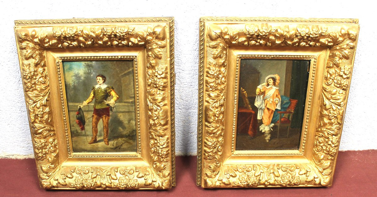 Pair Of Framed Oil Paintings On Panel Depicting Musketeers In Theatrical Scenes, 19th Century-photo-2