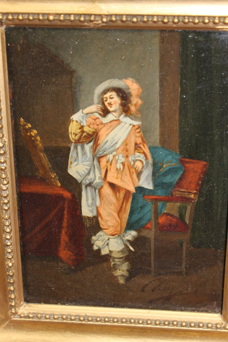 Pair Of Framed Oil Paintings On Panel Depicting Musketeers In Theatrical Scenes, 19th Century-photo-4
