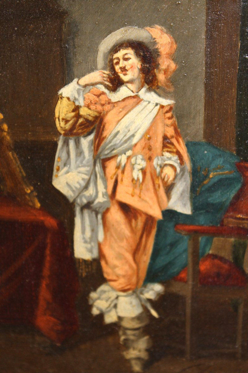 Pair Of Framed Oil Paintings On Panel Depicting Musketeers In Theatrical Scenes, 19th Century-photo-2