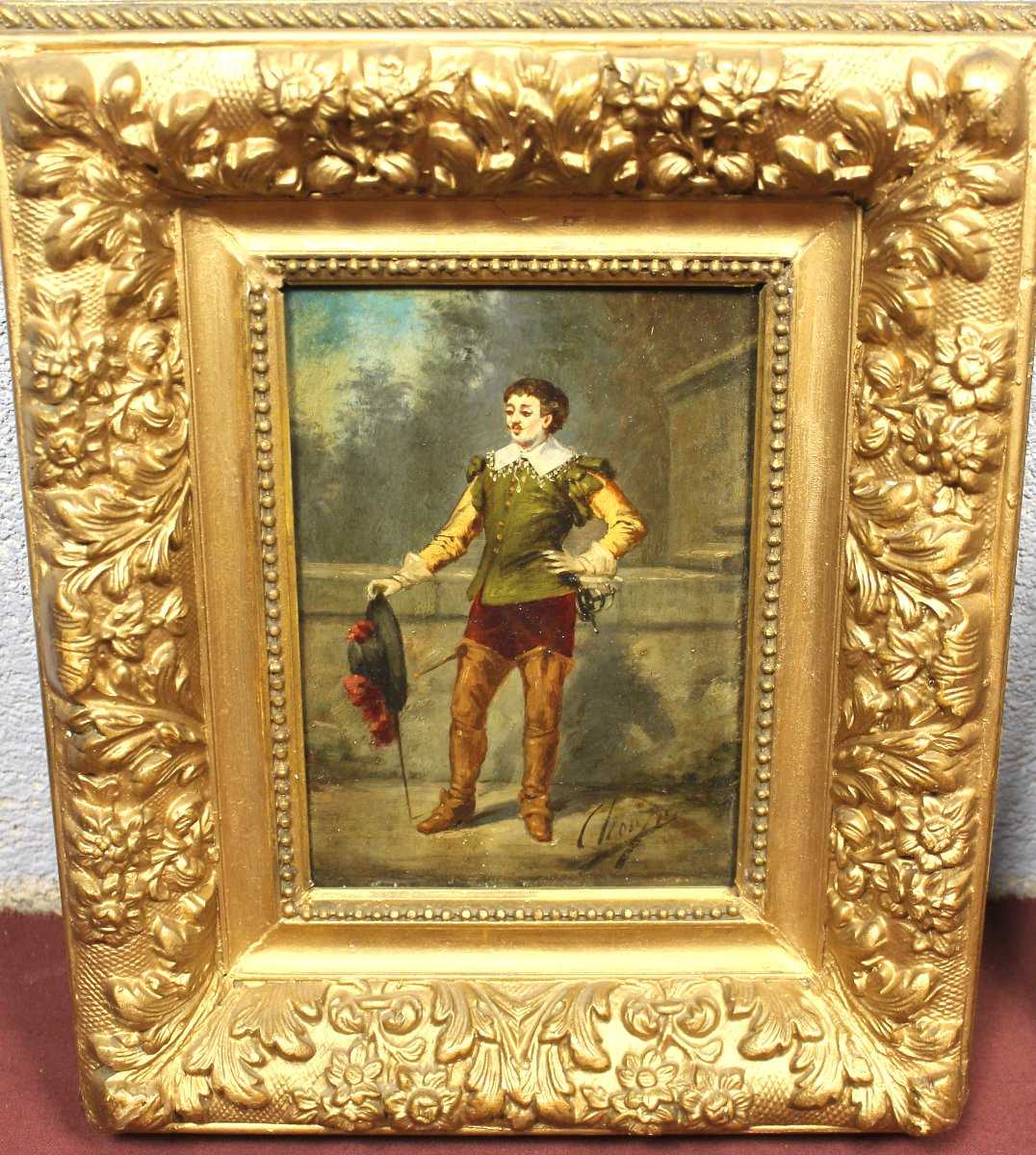 Pair Of Framed Oil Paintings On Panel Depicting Musketeers In Theatrical Scenes, 19th Century-photo-3