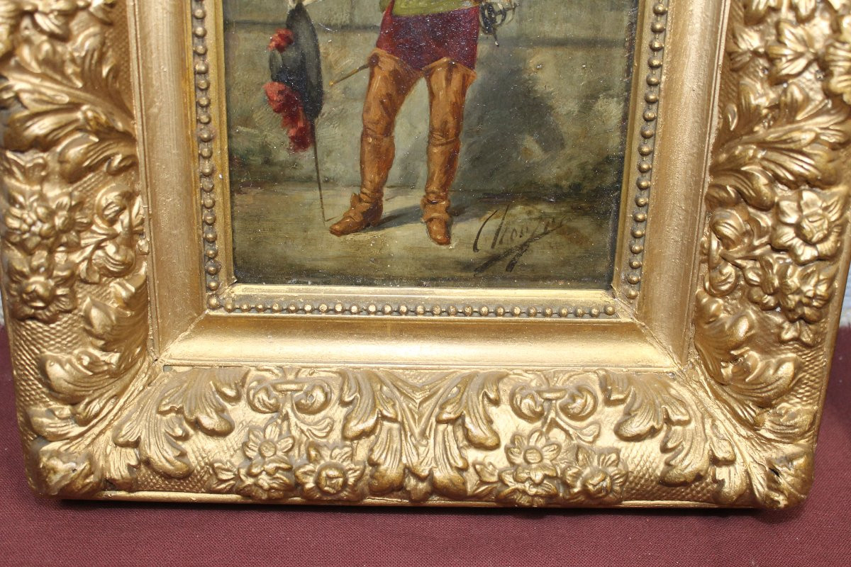 Pair Of Framed Oil Paintings On Panel Depicting Musketeers In Theatrical Scenes, 19th Century-photo-4