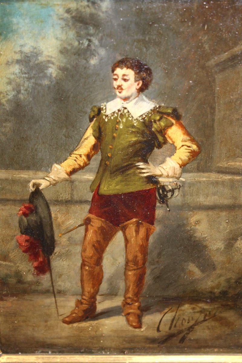 Pair Of Framed Oil Paintings On Panel Depicting Musketeers In Theatrical Scenes, 19th Century-photo-5