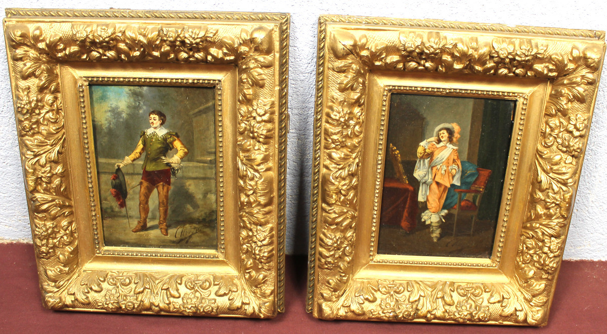 Pair Of Framed Oil Paintings On Panel Depicting Musketeers In Theatrical Scenes, 19th Century
