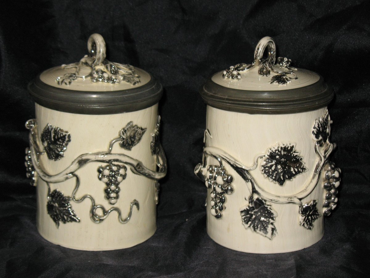 Three Earthenware Tobacco Jars From Langeais, Decorated With Pear Trees And Vines, Marked Cb, 19th Century-photo-2