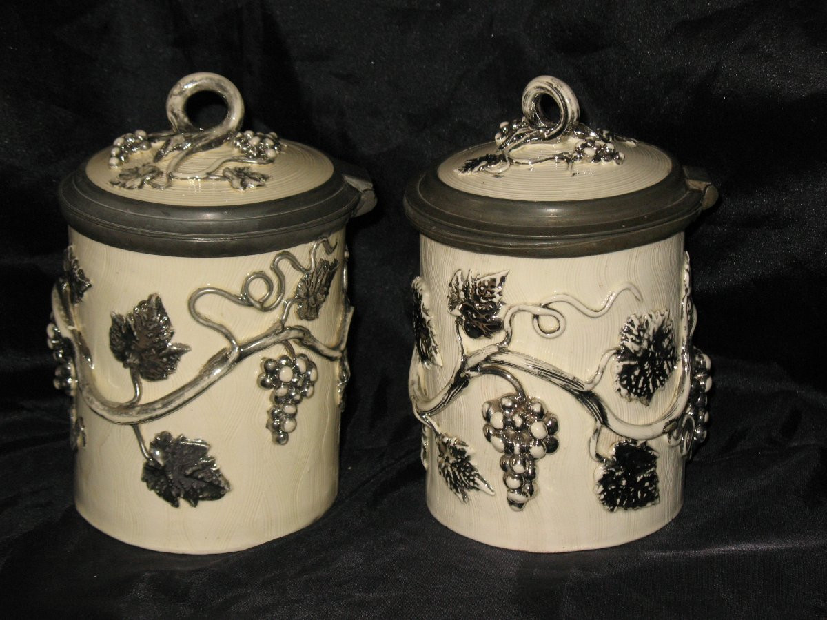 Three Earthenware Tobacco Jars From Langeais, Decorated With Pear Trees And Vines, Marked Cb, 19th Century-photo-3