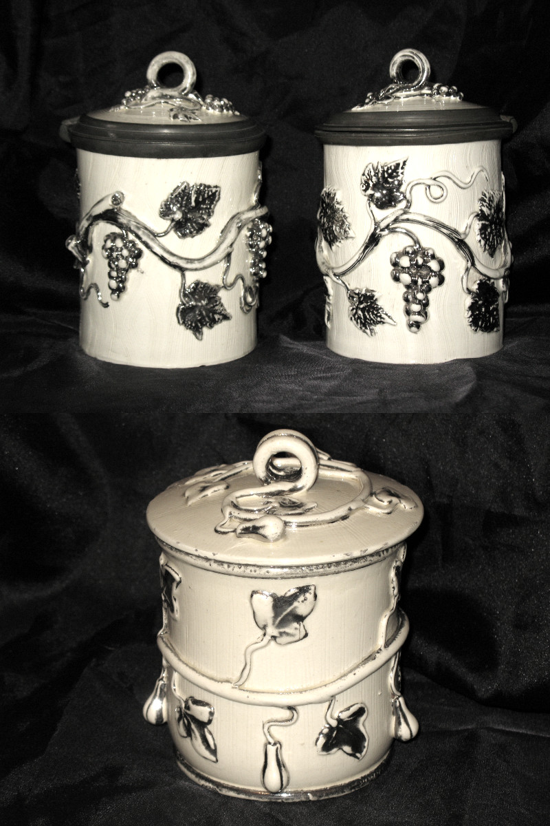 Three Earthenware Tobacco Jars From Langeais, Decorated With Pear Trees And Vines, Marked Cb, 19th Century