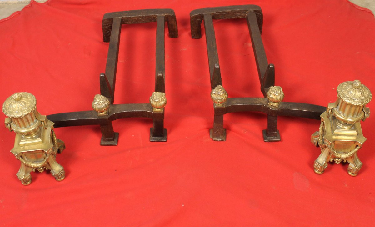 Pair Of Bronze And Wrought Iron Andirons From The Louis XVI Period, 18th Century-photo-2