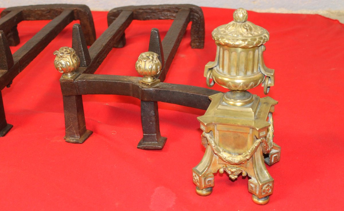 Pair Of Bronze And Wrought Iron Andirons From The Louis XVI Period, 18th Century-photo-4