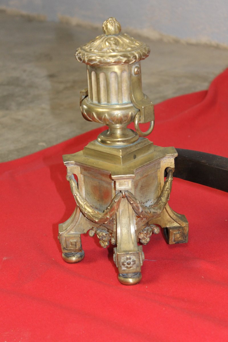 Pair Of Bronze And Wrought Iron Andirons From The Louis XVI Period, 18th Century-photo-2