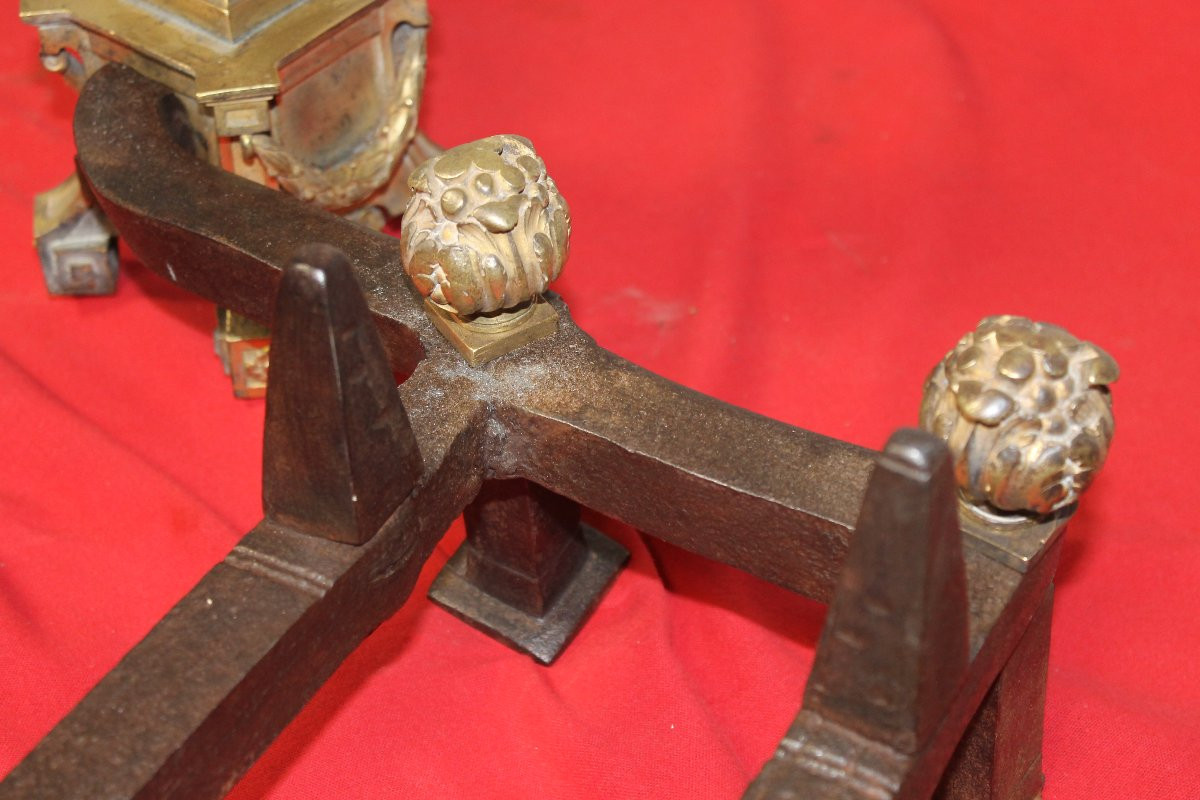 Pair Of Bronze And Wrought Iron Andirons From The Louis XVI Period, 18th Century-photo-6