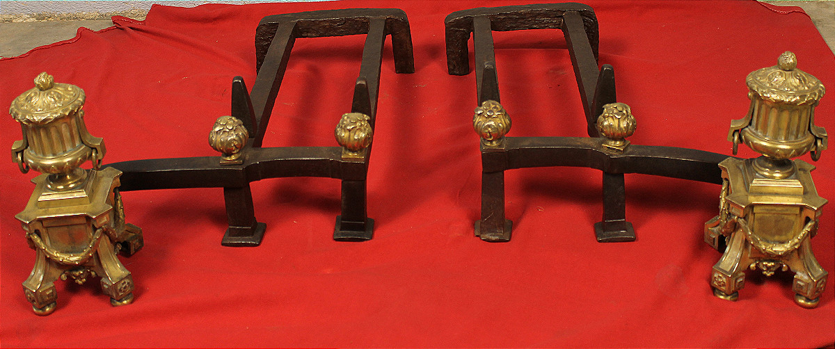 Pair Of Bronze And Wrought Iron Andirons From The Louis XVI Period, 18th Century