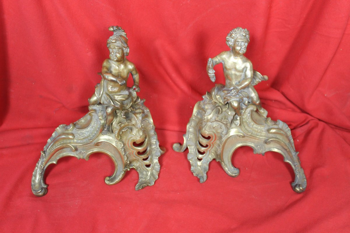 Pair Of Louis XV Style Bronze Andirons, 19th Century-photo-2