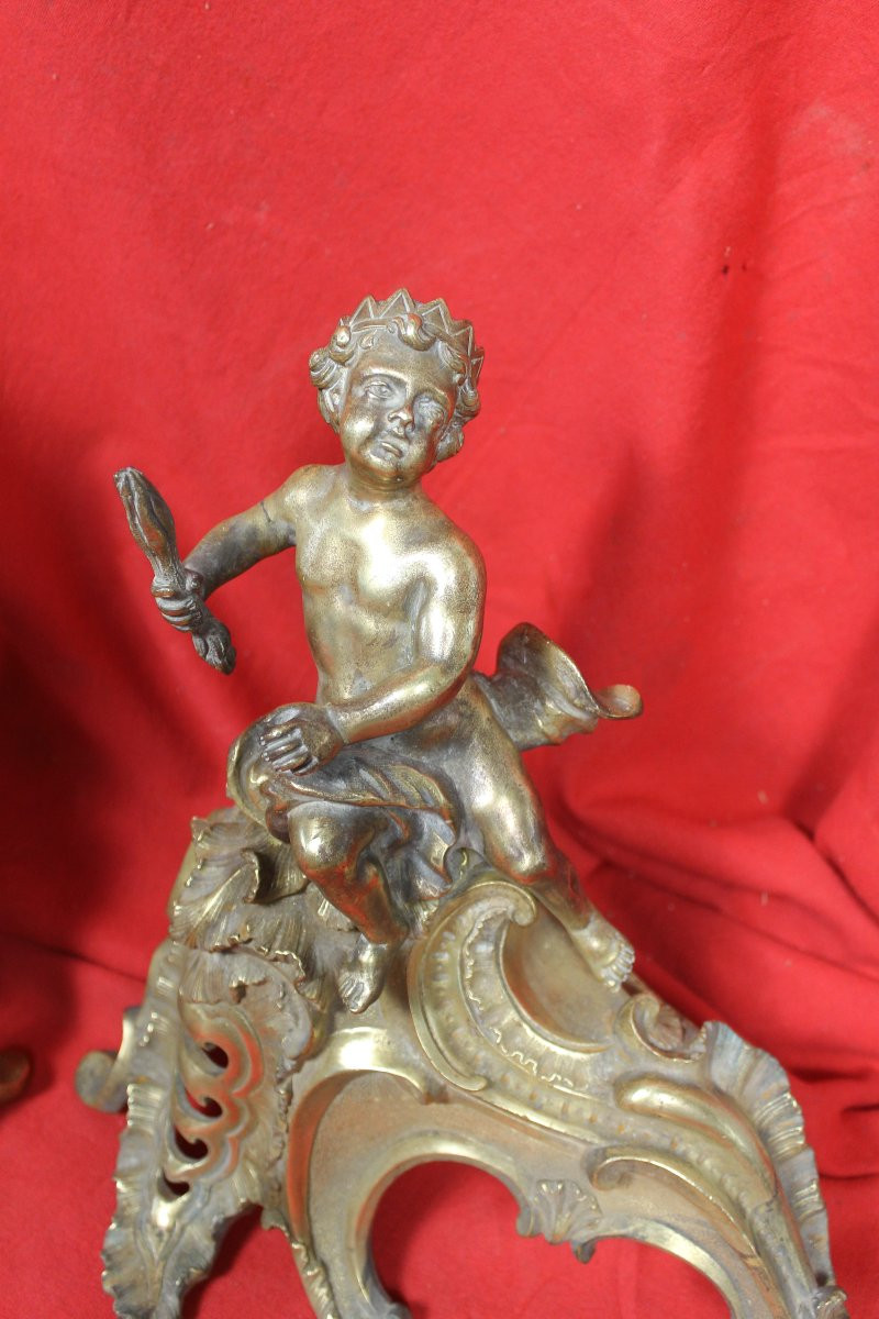 Pair Of Louis XV Style Bronze Andirons, 19th Century-photo-1