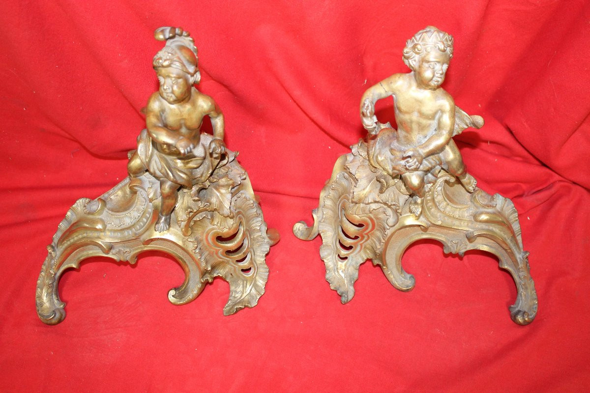 Pair Of Louis XV Style Bronze Andirons, 19th Century-photo-2