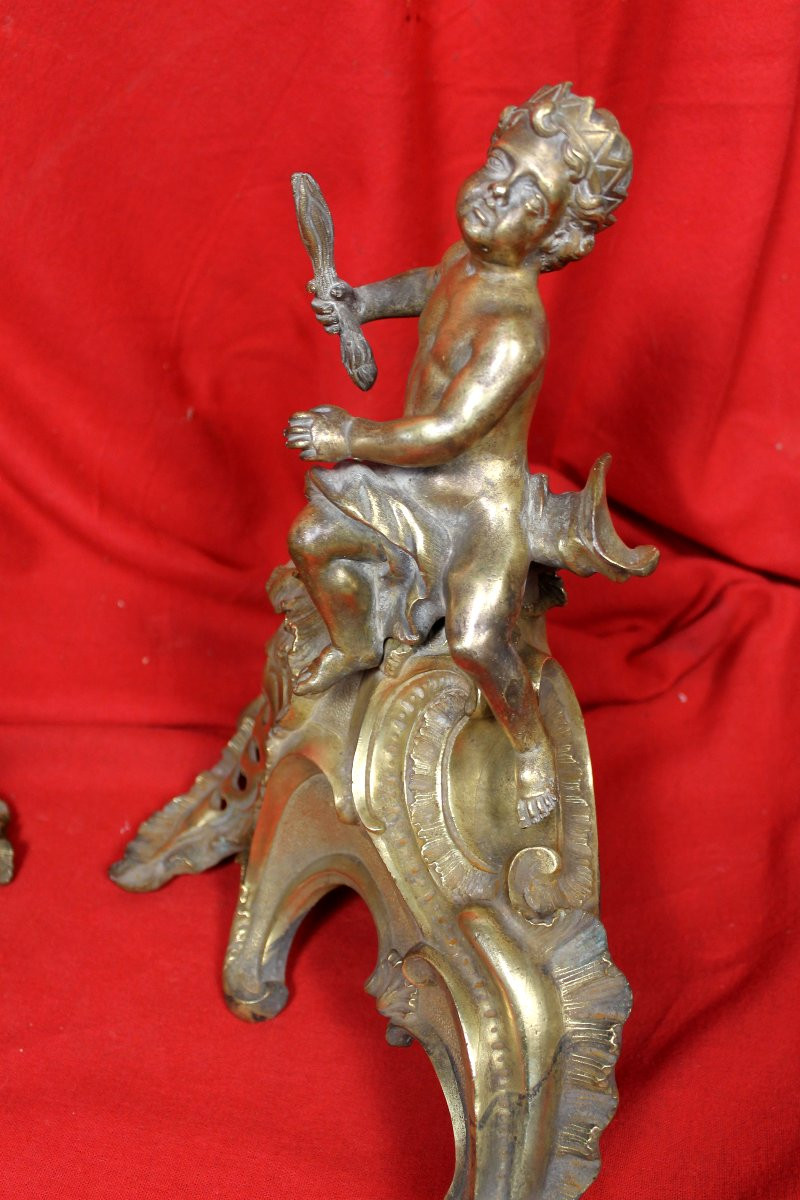 Pair Of Louis XV Style Bronze Andirons, 19th Century-photo-4
