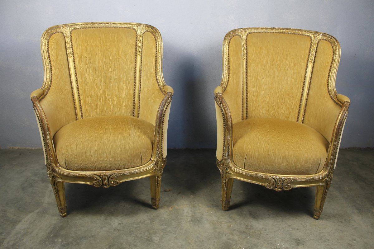 Pair Of Louis XVI Style Giltwood Bergère Armchairs, 19th Century-photo-2
