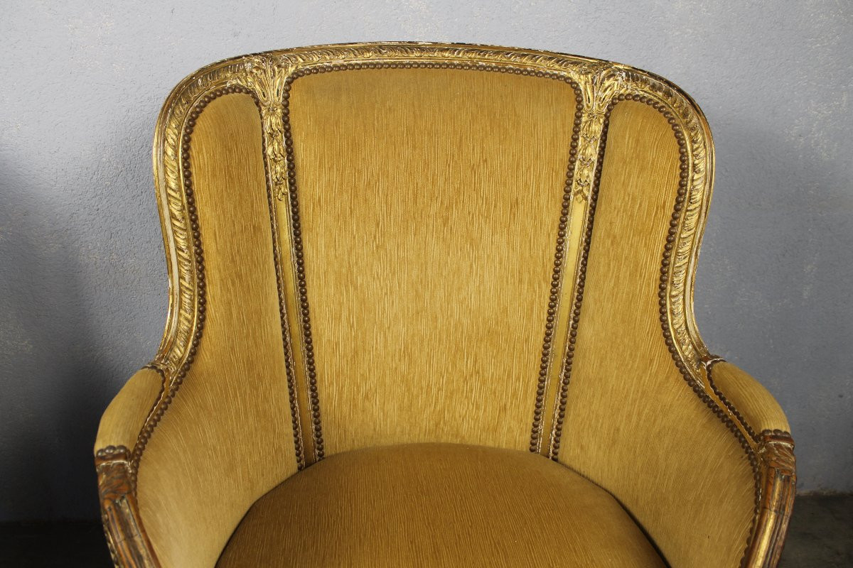Pair Of Louis XVI Style Giltwood Bergère Armchairs, 19th Century-photo-3