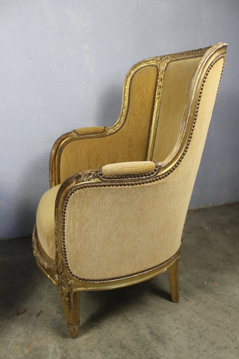 Pair Of Louis XVI Style Giltwood Bergère Armchairs, 19th Century-photo-1