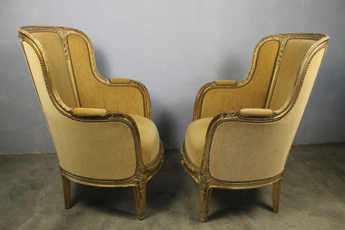 Pair Of Louis XVI Style Giltwood Bergère Armchairs, 19th Century-photo-3