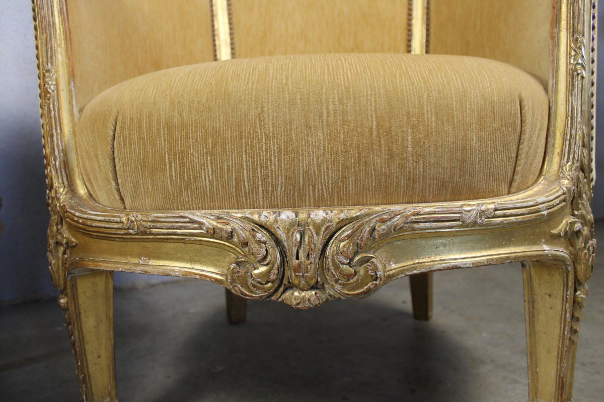 Pair Of Louis XVI Style Giltwood Bergère Armchairs, 19th Century-photo-5
