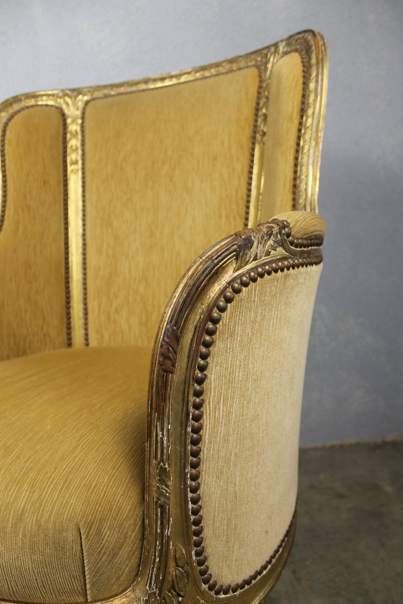 Pair Of Louis XVI Style Giltwood Bergère Armchairs, 19th Century-photo-7