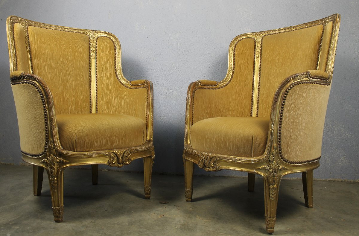 Pair Of Louis XVI Style Giltwood Bergère Armchairs, 19th Century-photo-8