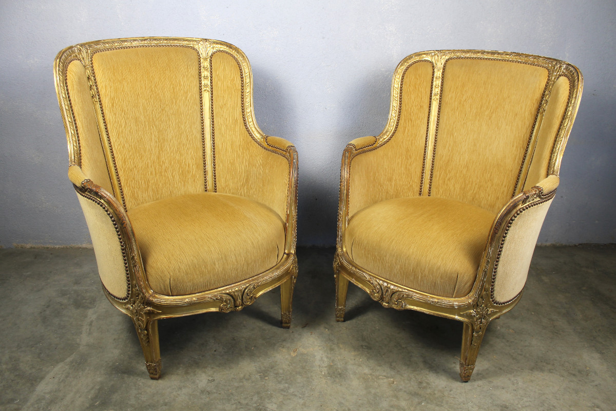 Pair Of Louis XVI Style Giltwood Bergère Armchairs, 19th Century