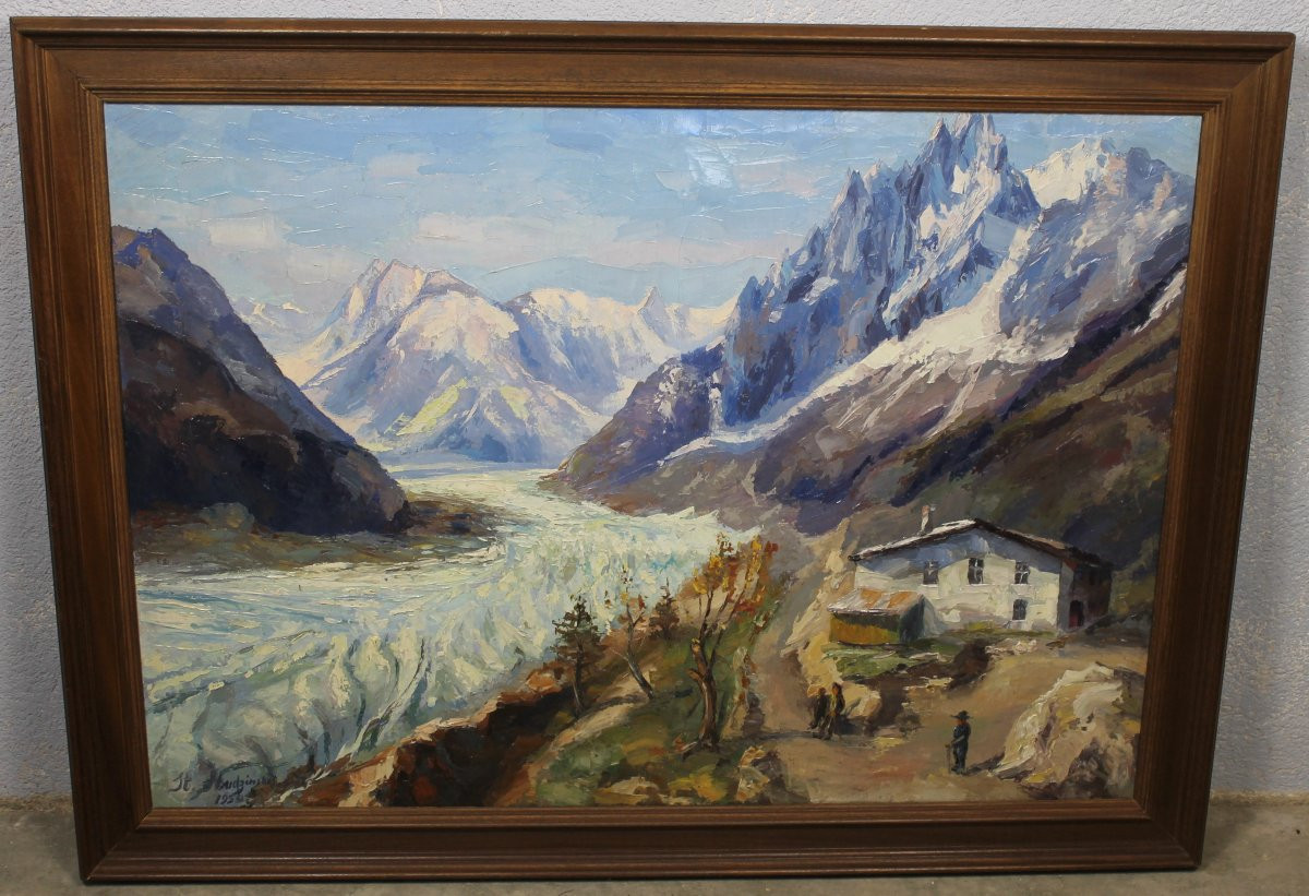 Vue de la mer de glace au Montenvers Chamonix-Mont-Blanc Huile sur toile signée de H. Hudzinski-photo-2