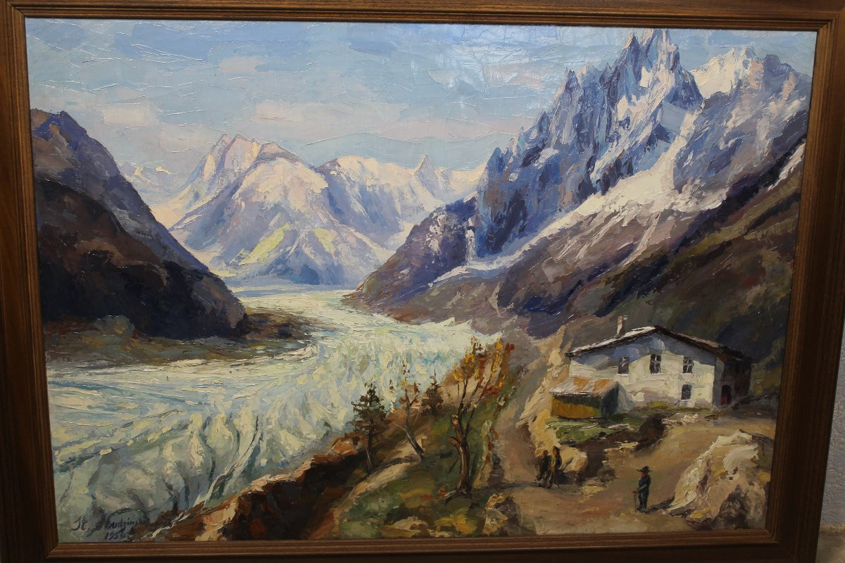 Vue de la mer de glace au Montenvers Chamonix-Mont-Blanc Huile sur toile signée de H. Hudzinski-photo-3