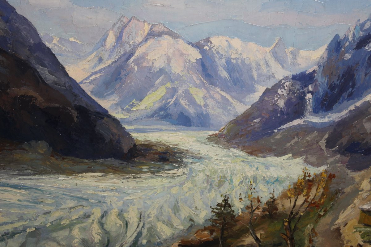 Vue de la mer de glace au Montenvers Chamonix-Mont-Blanc Huile sur toile signée de H. Hudzinski-photo-4