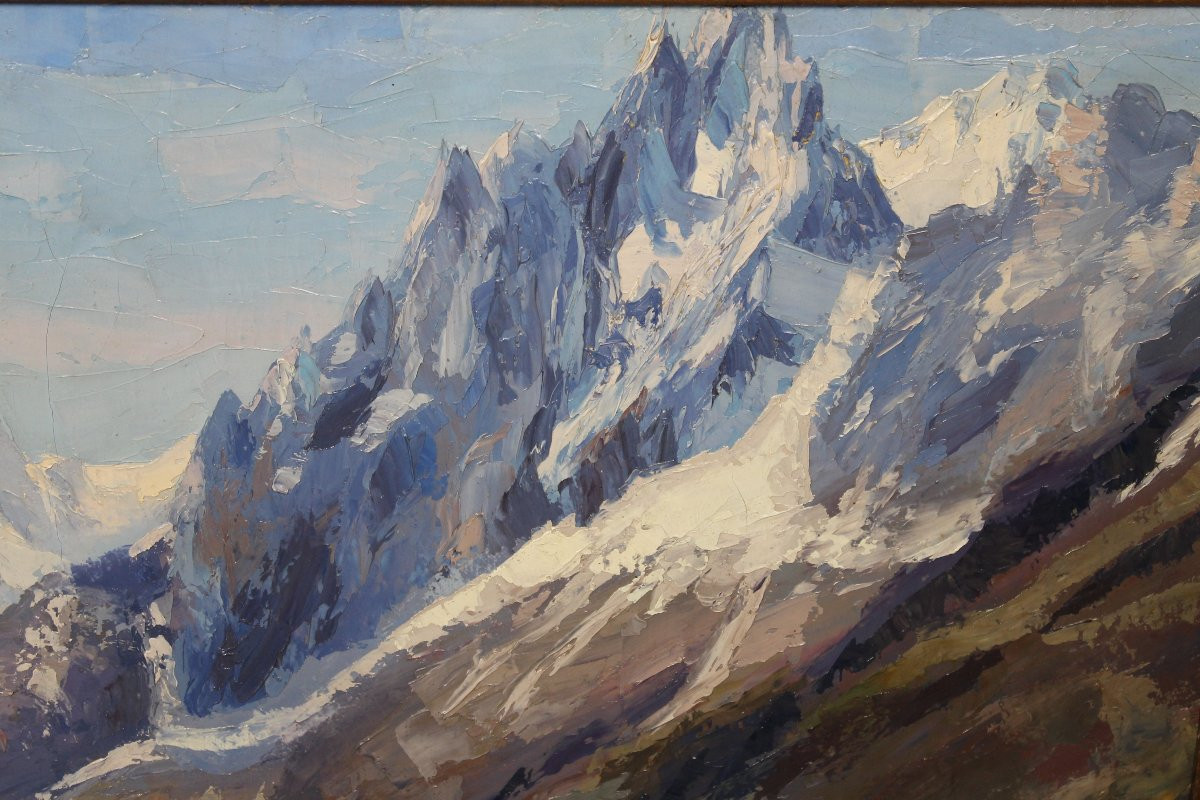 Vue de la mer de glace au Montenvers Chamonix-Mont-Blanc Huile sur toile signée de H. Hudzinski-photo-1
