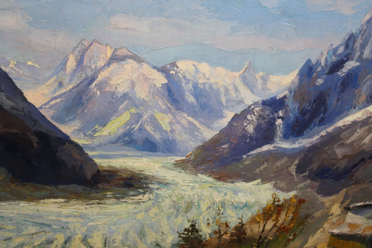 Vue de la mer de glace au Montenvers Chamonix-Mont-Blanc Huile sur toile signée de H. Hudzinski-photo-5