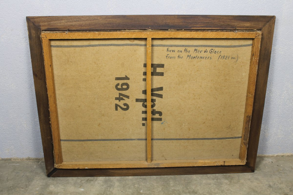 Vue de la mer de glace au Montenvers Chamonix-Mont-Blanc Huile sur toile signée de H. Hudzinski-photo-7