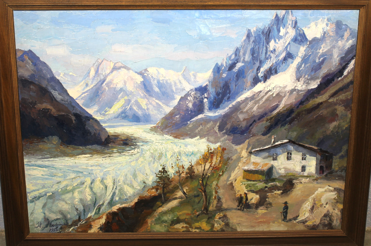 Vue de la mer de glace au Montenvers Chamonix-Mont-Blanc Huile sur toile signée de H. Hudzinski