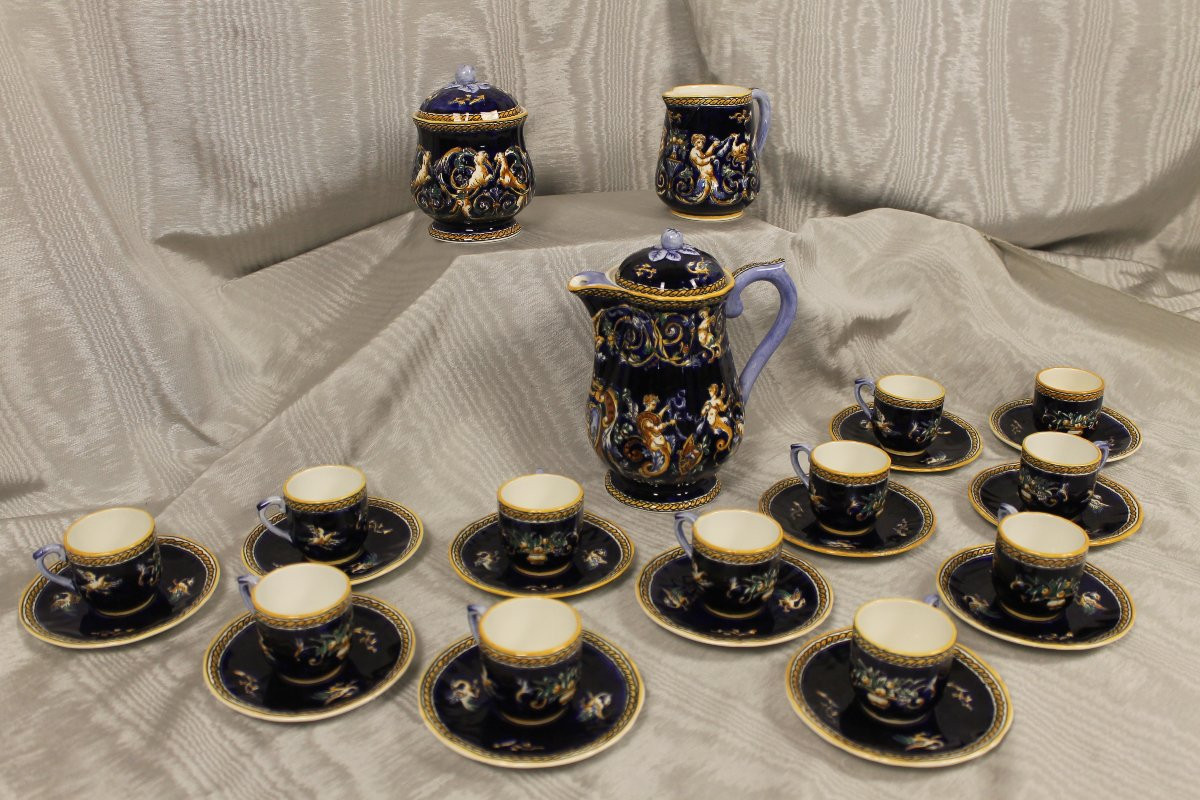 Service à café en faïence de Gien décor Renaissance Italienne en bleu roi complet parfait état-photo-2