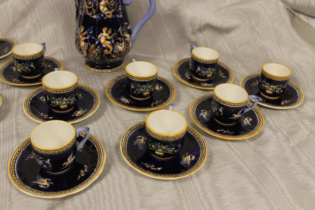 Service à café en faïence de Gien décor Renaissance Italienne en bleu roi complet parfait état-photo-4
