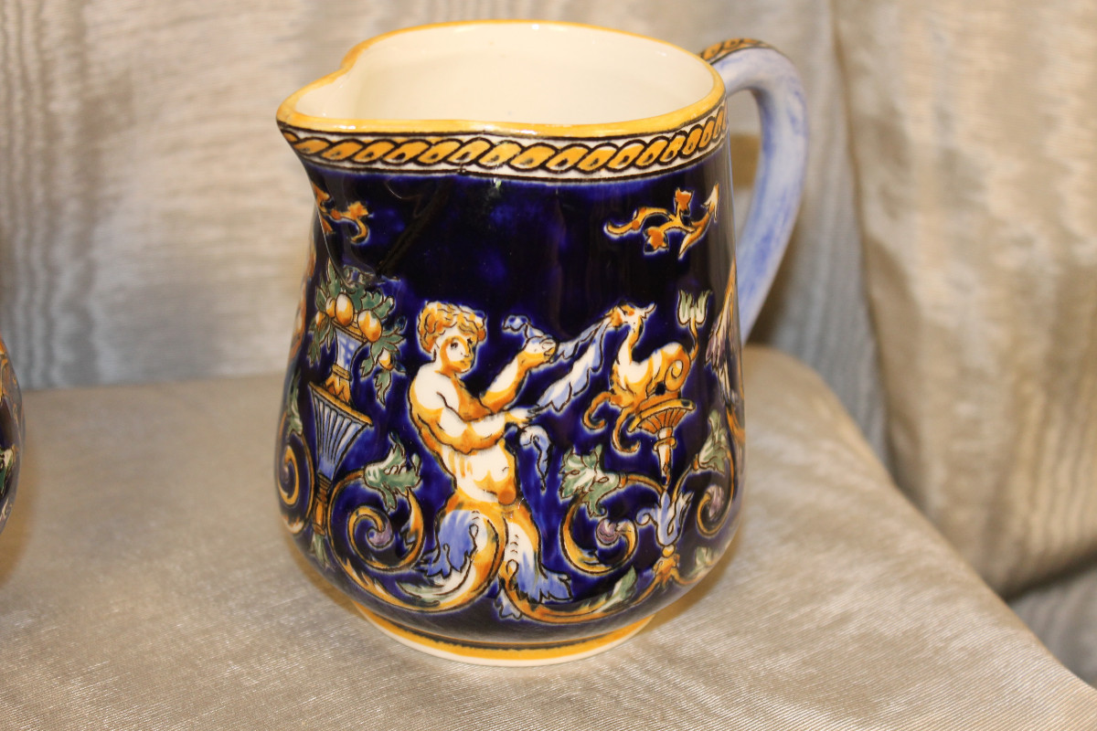 Service à café en faïence de Gien décor Renaissance Italienne en bleu roi complet parfait état-photo-1