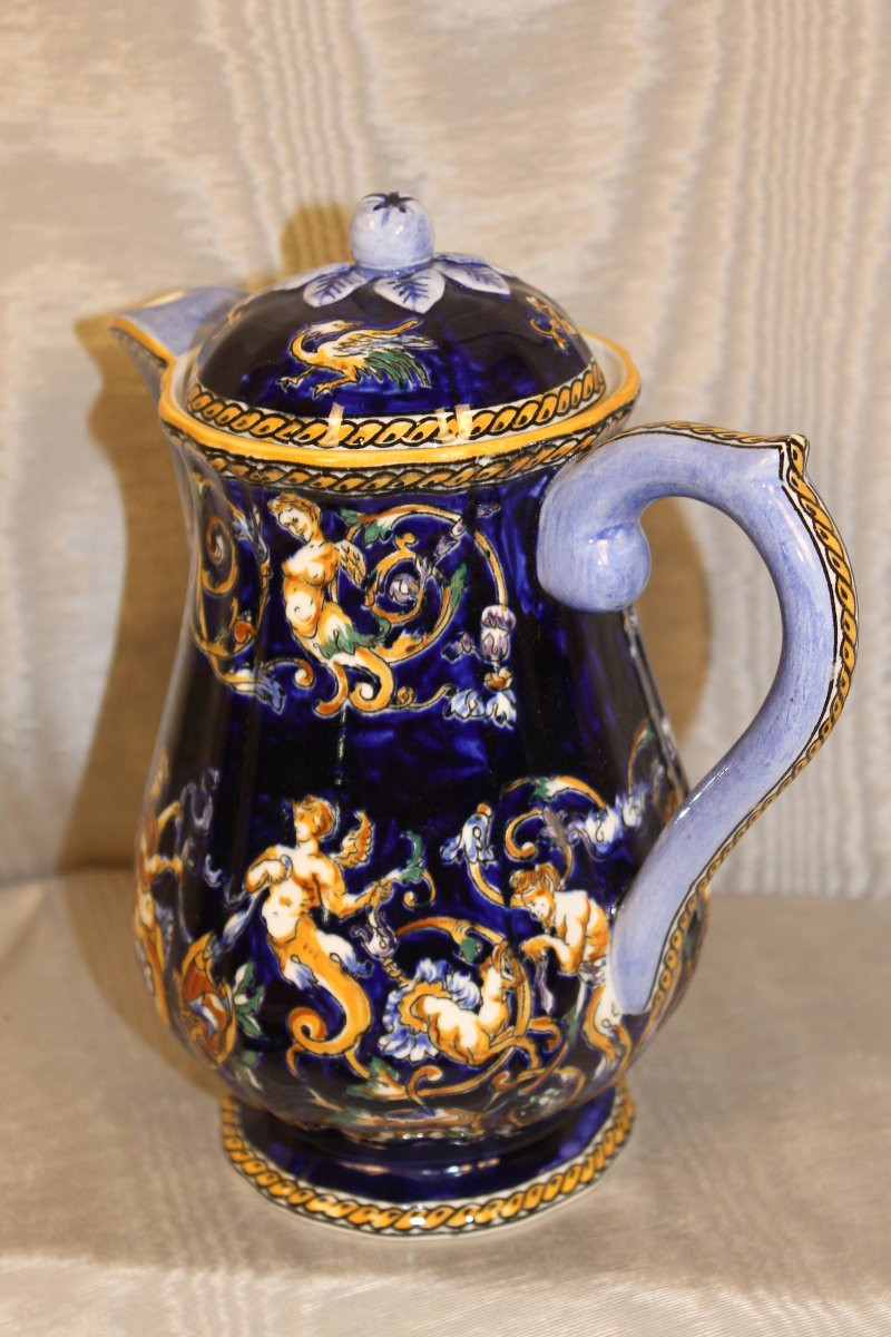 Service à café en faïence de Gien décor Renaissance Italienne en bleu roi complet parfait état-photo-4